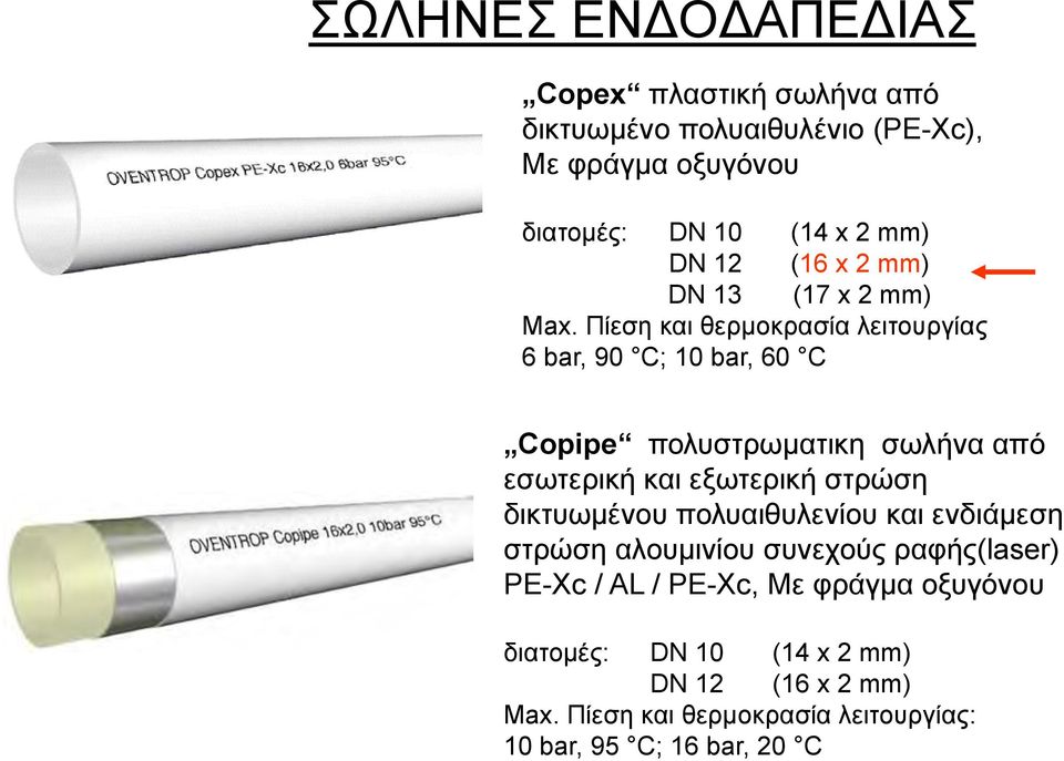 Πίεση και θερμοκρασία λειτουργίας 6 bar, 90 C; 10 bar, 60 C Copipe πολυστρωματικη σωλήνα από εσωτερική και εξωτερική στρώση