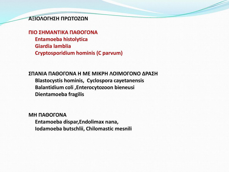 Blastocystis hominis, Cyclospora cayetanensis Balantidium coli,enterocytozoon bieneusi