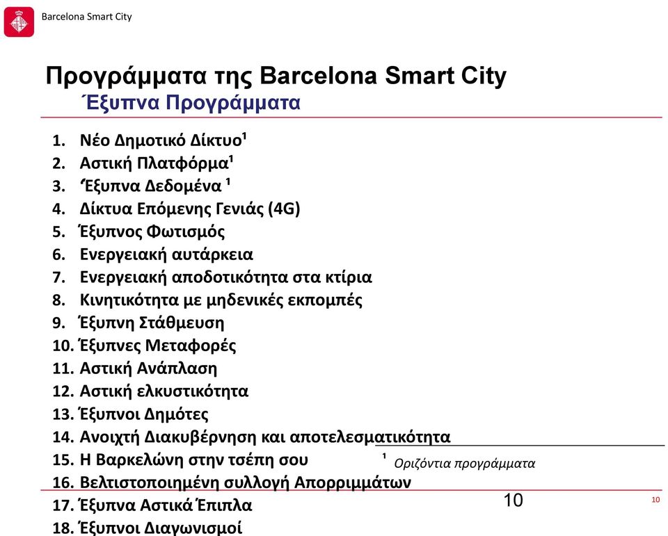 Έξυπνη Στάθμευση 10. Έξυπνες Μεταφορές 11. Αστική Ανάπλαση 12. Αστική ελκυστικότητα 13. Έξυπνοι Δημότες 14.