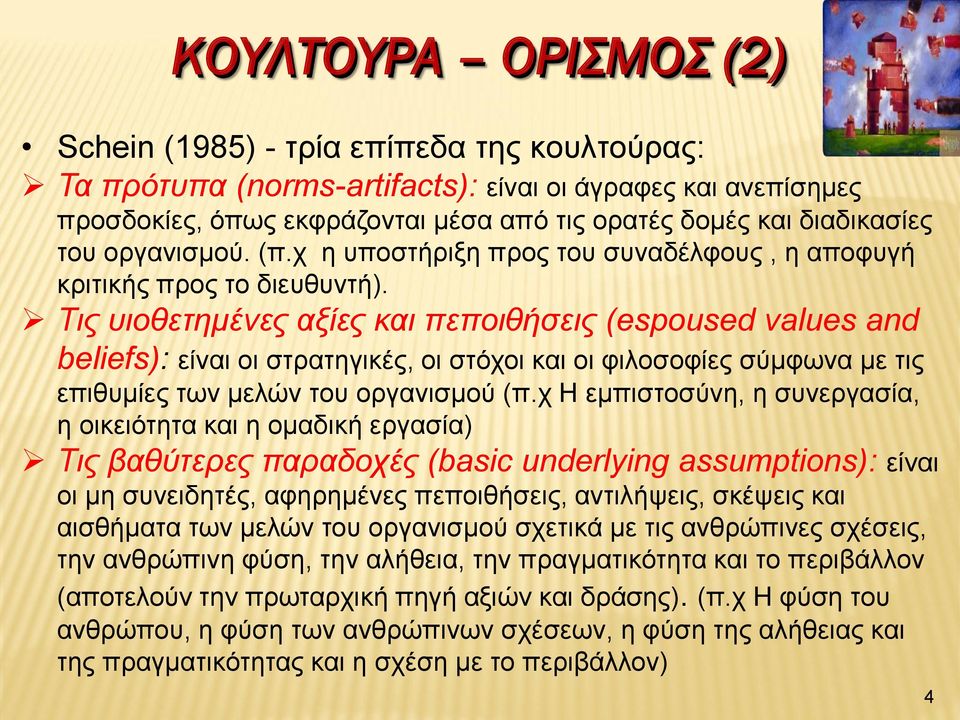 Τις υιοθετημένες αξίες και πεποιθήσεις (espoused values and beliefs): είναι οι στρατηγικές, οι στόχοι και οι φιλοσοφίες σύμφωνα με τις επιθυμίες των μελών του οργανισμού (π.