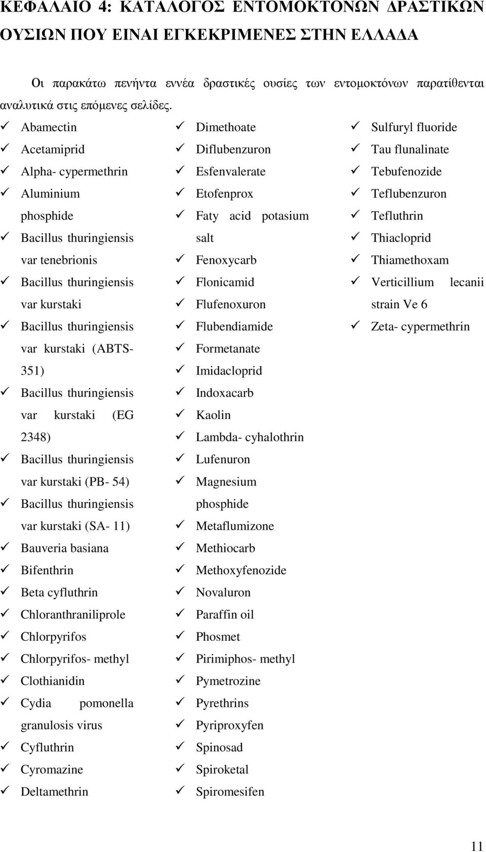 fluoride Tau flunalinate Tebufenozide Teflubenzuron Tefluthrin Thiacloprid Thiamethoxam Bacillus thuringiensis Flonicamid Verticillium lecanii var kurstaki Flufenoxuron strain Ve 6 Bacillus