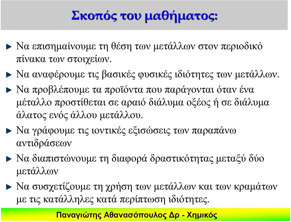 Να προβλέπουμε τα προϊόντα που παράγονται όταν ένα μέταλλο προστίθεται σε αραιό διάλυμα οξέος ή σε διάλυμα άλατος ενός άλλου