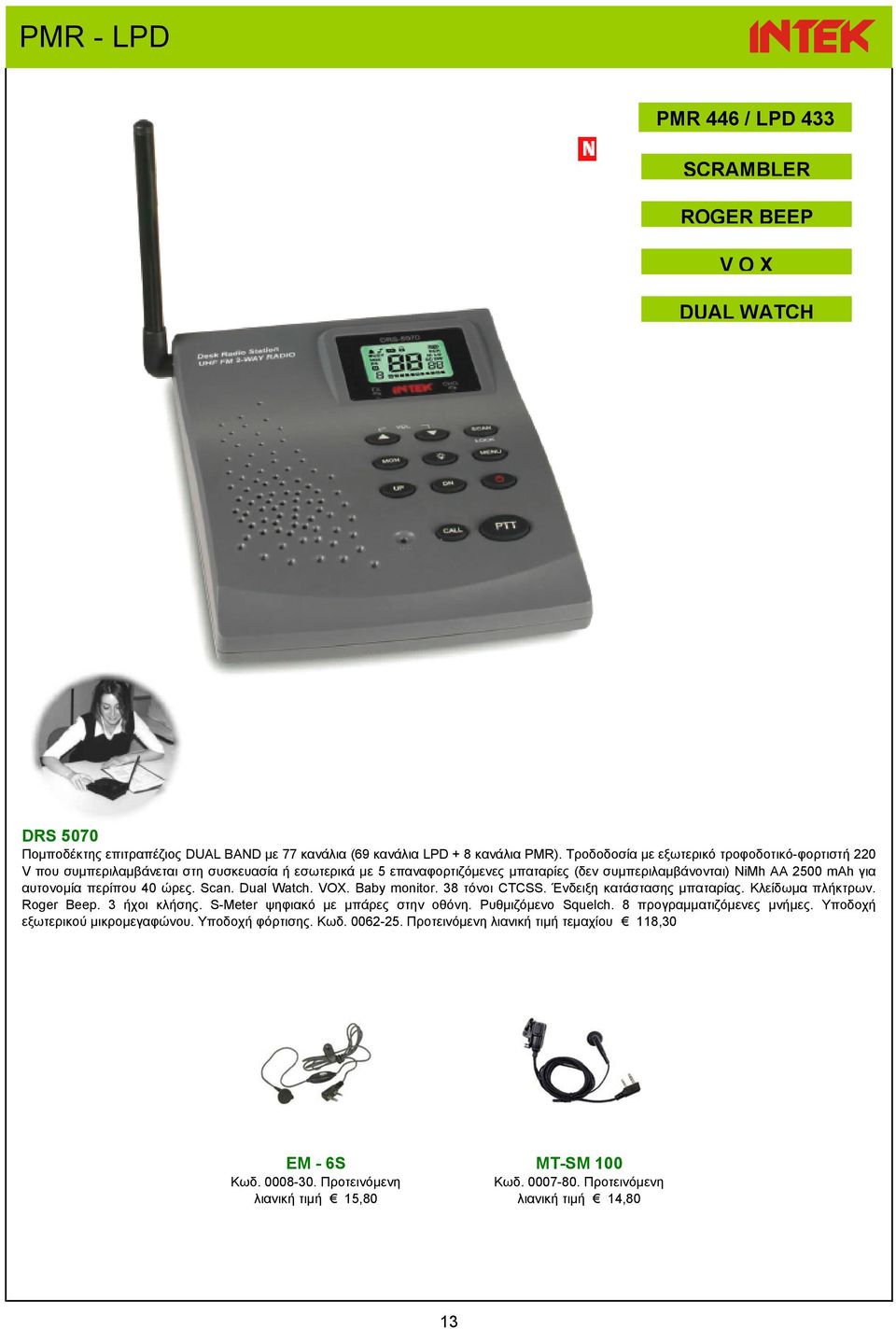 ώρες. Scan. Dual Watch. VOX. Baby monitor. 38 τόνοι CTCSS. Ένδειξη κατάστασης μπαταρίας. Κλείδωμα πλήκτρων. Roger Beep. 3 ήχοι κλήσης. S-Meter ψηφιακό με μπάρες στην οθόνη. Ρυθμιζόμενο Squelch.