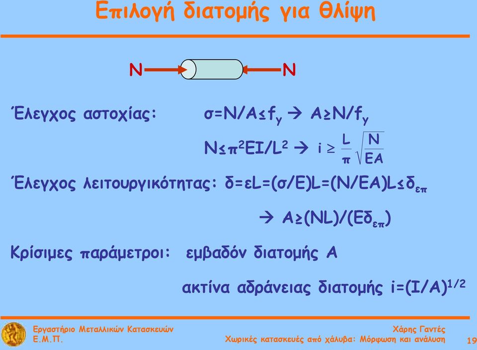 (NL)/(Eδ επ ) Κρίσιμες παράμετροι: εμβαδόν διατομής Α ακτίνα αδράνειας