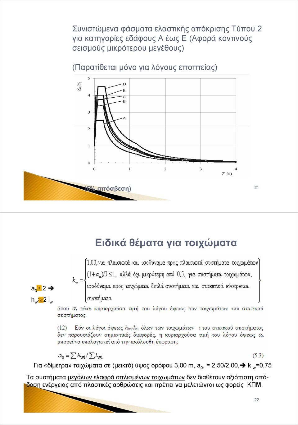 «δίμετρα» τοιχώματα σε (μεικτό) ύψος ορόφου 3,00 m, a 0, = 2,50/2,00, k w =0,75 Τα συστήματα μεγάλων ελαφρά οπλισμένων