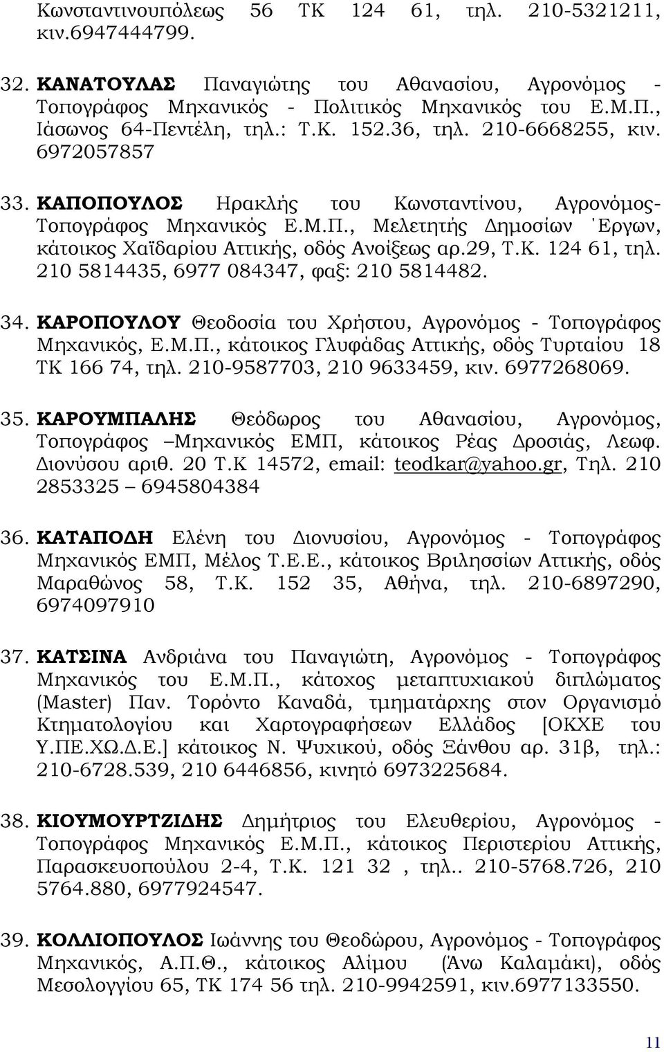 29, Τ.Κ. 124 61, τηλ. 210 5814435, 6977 084347, φαξ: 210 5814482. 34. ΚΑΡΟΠΟΥΛΟΥ Θεοδοσία του Χρήστου, Αγρονόμος - Τοπογράφος Μηχανικός, Ε.Μ.Π., κάτοικος Γλυφάδας Αττικής, οδός Τυρταίου 18 ΤΚ 166 74, τηλ.