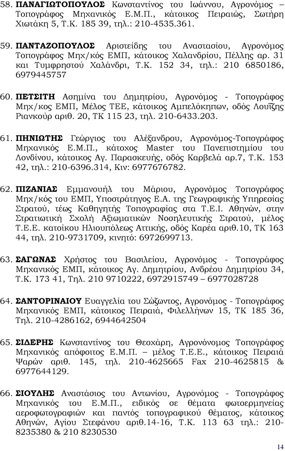 ΠΕΤΣΙΤΗ Ασημίνα του Δημητρίου, Αγρονόμος - Τοπογράφος Μηχ/κος ΕΜΠ, Μέλος ΤΕΕ, κάτοικος Αμπελόκηπων, οδός Λουΐζης Ριανκούρ αριθ. 20, ΤΚ 115 23, τηλ. 210-6433.203. 61.