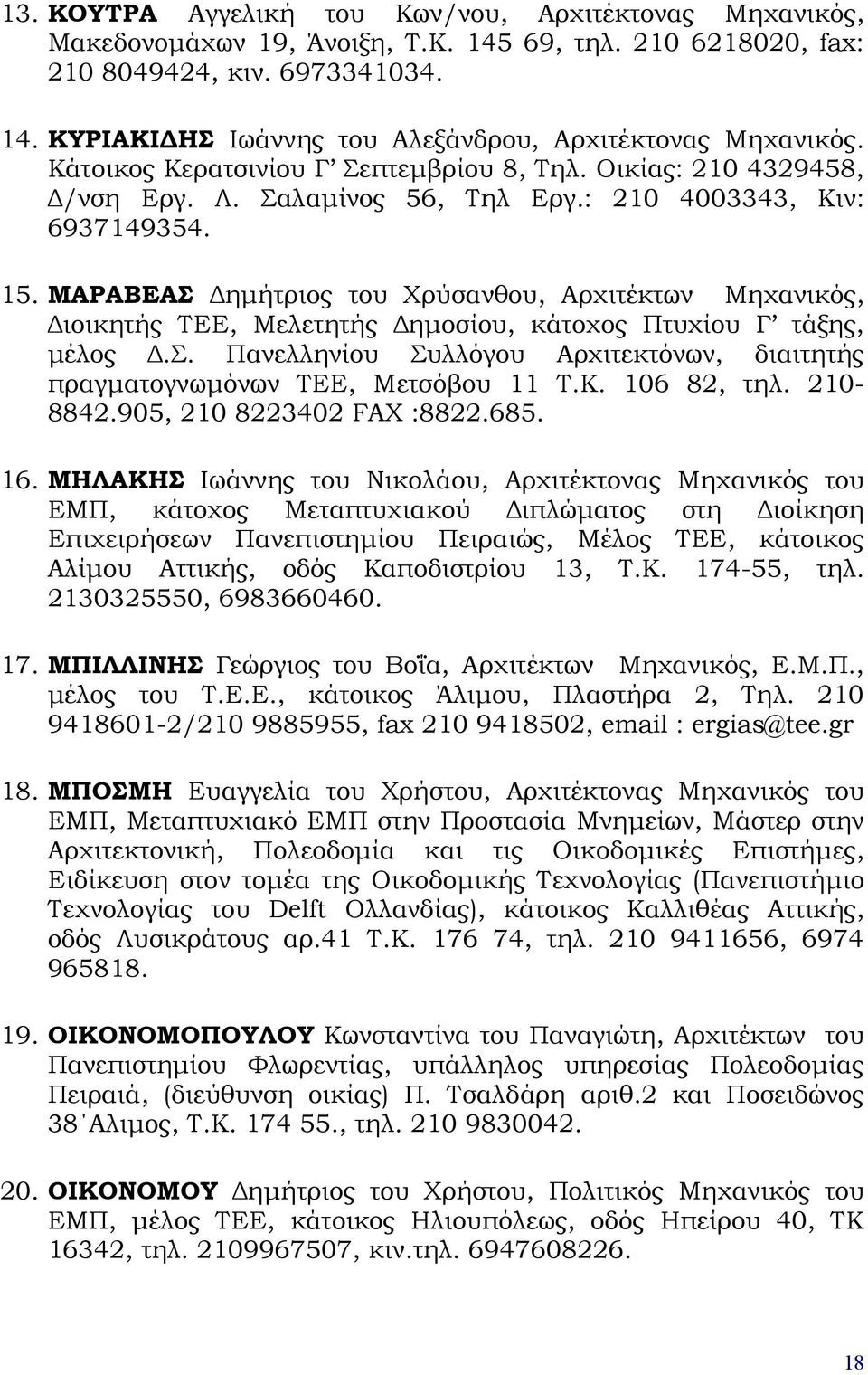 ΜΑΡΑΒΕΑΣ Δημήτριος του Χρύσανθου, Αρχιτέκτων Μηχανικός, Διοικητής ΤΕΕ, Μελετητής Δημοσίου, κάτοχος Πτυχίου Γ τάξης, μέλος Δ.Σ. Πανελληνίου Συλλόγου Αρχιτεκτόνων, διαιτητής πραγματογνωμόνων ΤΕΕ, Μετσόβου 11 Τ.