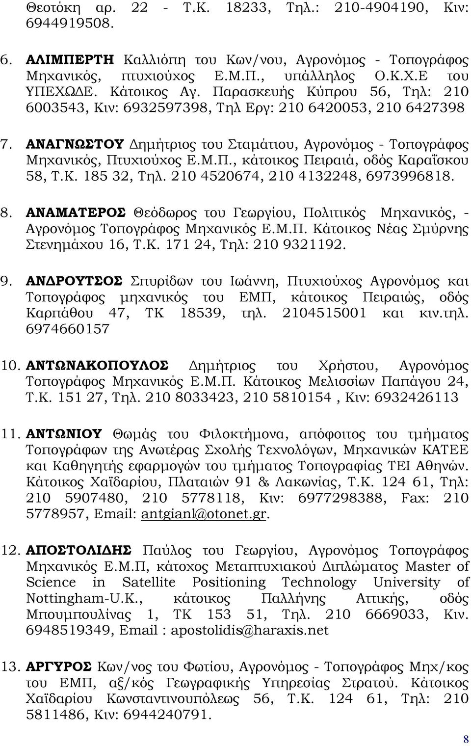 Κ. 185 32, Τηλ. 210 4520674, 210 4132248, 6973996818. 8. ΑΝΑΜΑΤΕΡΟΣ Θεόδωρος του Γεωργίου, Πολιτικός Μηχανικός, - Αγρονόμος Τοπογράφος Μηχανικός Ε.Μ.Π. Kάτοικος Νέας Σμύρνης Στενημάχου 16, Τ.Κ. 171 24, Τηλ: 210 9321192.