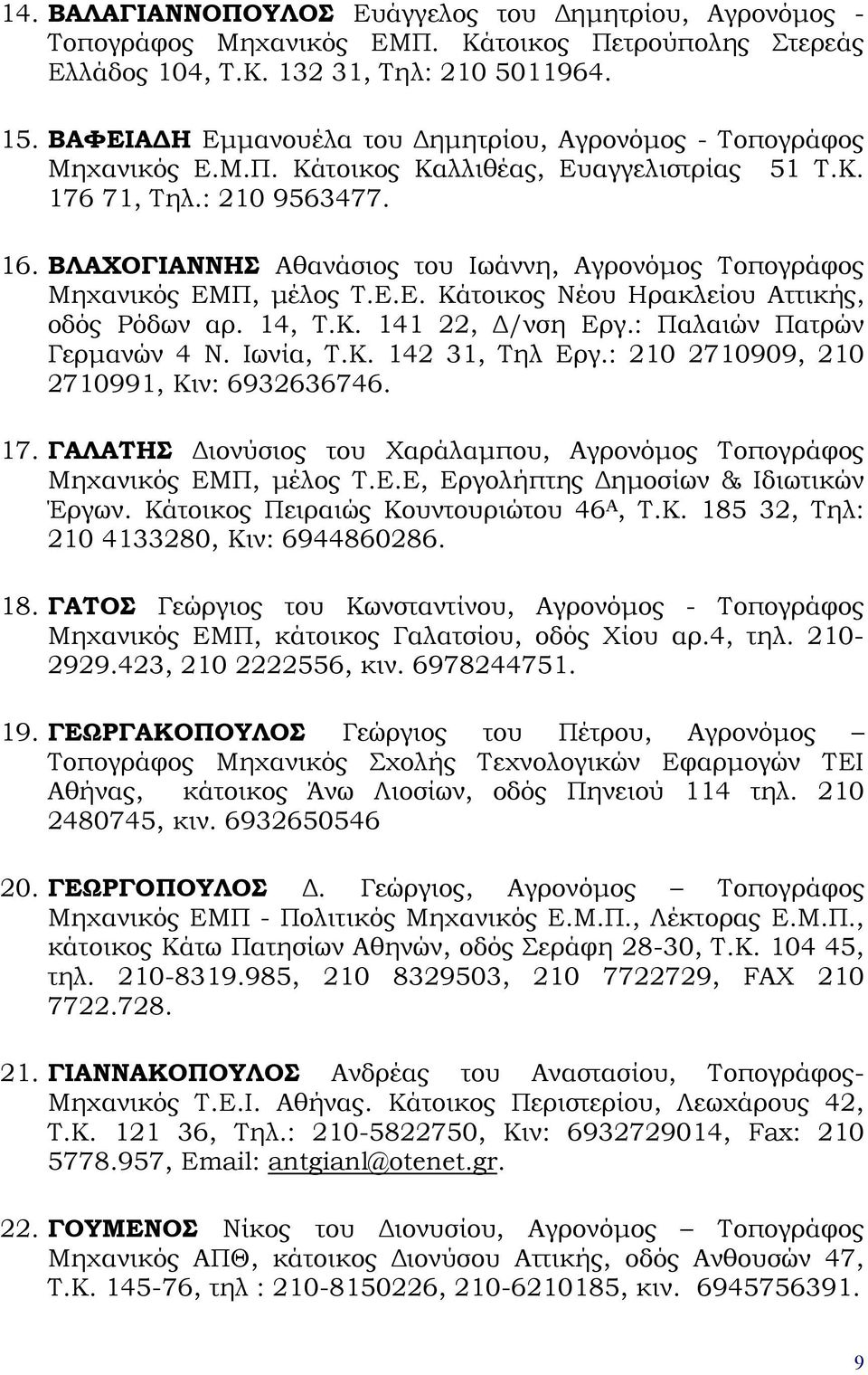 ΒΛΑΧΟΓΙΑΝΝΗΣ Αθανάσιος του Ιωάννη, Αγρονόμος Τοπογράφος Μηχανικός ΕΜΠ, μέλος Τ.Ε.Ε. Κάτοικος Νέου Ηρακλείου Αττικής, οδός Ρόδων αρ. 14, Τ.Κ. 141 22, Δ/νση Εργ.: Παλαιών Πατρών Γερμανών 4 Ν. Ιωνία, Τ.