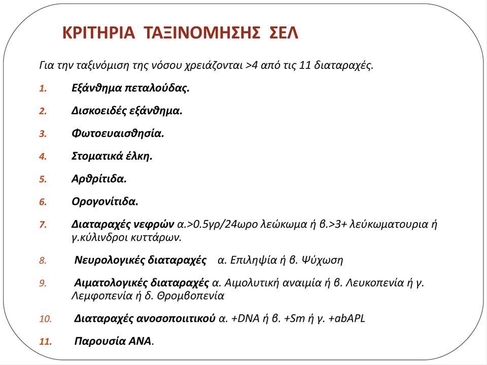 5γρ/24ωρο λεώκωμα ή β.>3+ λεύκωματουρια ή γ.κύλινδροι κυττάρων. 8. Νευρολογικές διαταραχές α. Επιληψία ή β. Ψύχωση 9.