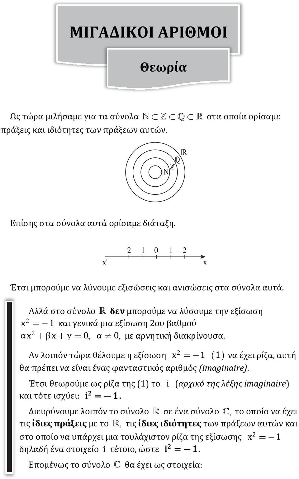 Αλλά στο σύνολο δεν μπορούμε να λύσουμε την εξίσωση x =- 1 και γενικά μια εξίσωση ου βαθμού αx + βx+ γ = 0, α ¹ 0, με αρνητική διακρίνουσα.