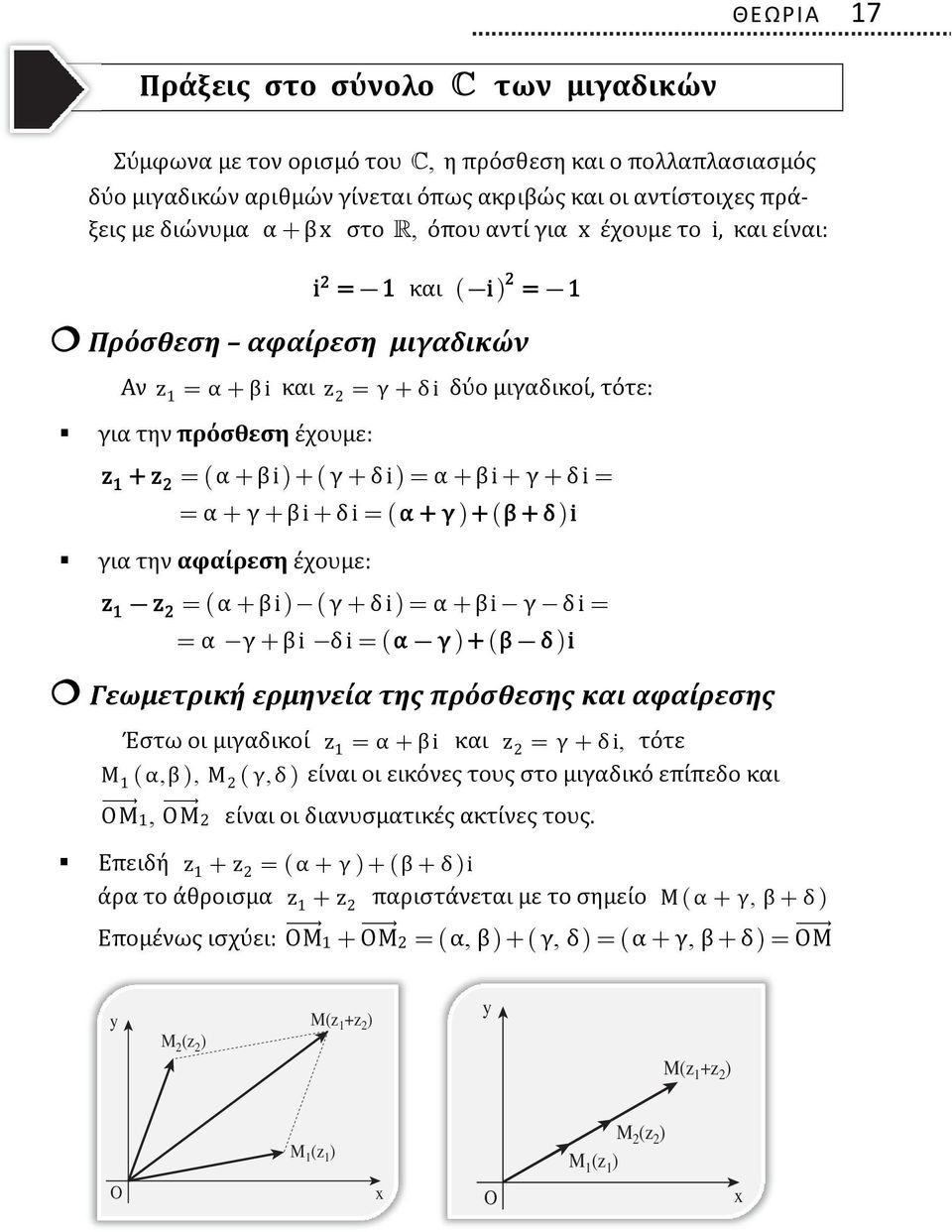 γ+ δi = = α+ γ+ βi+ δi = ( α+γ ) + ( β+δ) i για την αφαίρεση έχουμε: z - z 1 = ( α+ βi) -( γ+ δi) = α+ βi-γ- δi = = α - γ+ βi - δi = ( α-γ ) + ( β-δ) i Γεωμετρική ερμηνεία της πρόσθεσης και αφαίρεσης