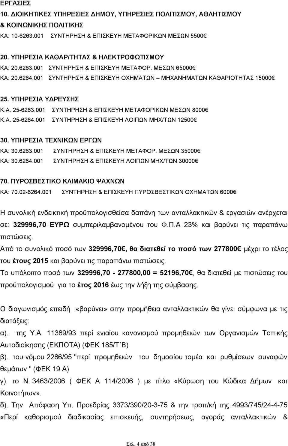 001 ΣΥΝΤΗΡΗΣΗ & ΕΠΙΣΚΕΥΗ ΜΕΤΑΦΟΡΙΚΩΝ ΜΕΣΩΝ 8000 Κ.Α. 25-6264.001 ΣΥΝΤΗΡΗΣΗ & ΕΠΙΣΚΕΥΗ ΛΟΙΠΩΝ ΜΗΧ/ΤΩΝ 12500 30. ΥΠΗΡΕΣΙΑ ΤΕΧΝΙΚΩΝ ΕΡΓΩΝ ΚΑ: 30.6263.001 ΣΥΝΤΗΡΗΣΗ & ΕΠΙΣΚΕΥΗ ΜΕΤΑΦΟΡ. ΜΕΣΩΝ 35000 ΚΑ: 30.