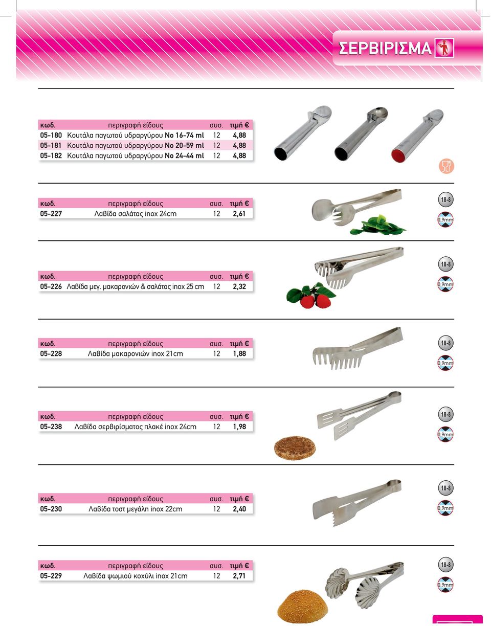 μακαρονιών & σαλάτας inox 25 cm 12 2,32 05-228 Λαβίδα μακαρονιών inox 21cm 12 1,88 05-238 Λαβίδα σερβιρίσματος