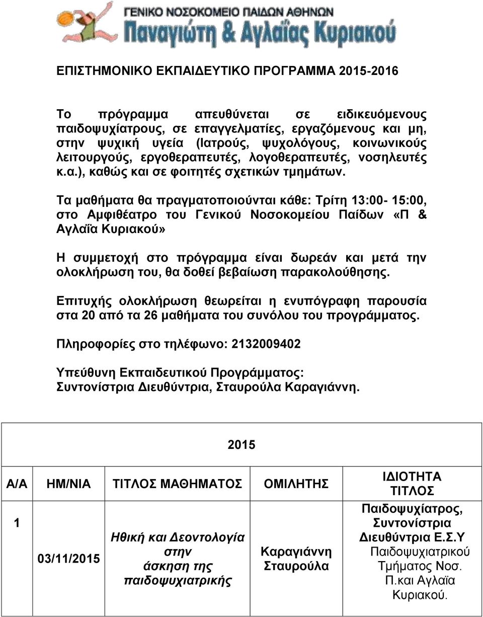 Τα μαθήματα θα πραγματοποιούνται κάθε: Τρίτη 13:00-15:00, στο Αμφιθέατρο του Γενικού Νοσοκομείου Παίδων «Π & Αγλαΐα Κυριακού» Η συμμετοχή στο πρόγραμμα είναι δωρεάν και μετά την ολοκλήρωση του, θα