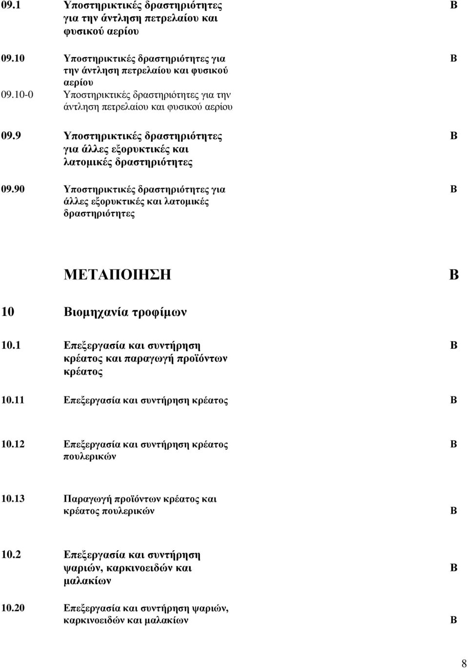 90 Υποστηρικτικές δραστηριότητες για άλλες εξορυκτικές και λατομικές δραστηριότητες ΜΕΤΠΟΙΗΣΗ 10 ιομηχανία τροφίμων 10.1 Επεξεργασία και συντήρηση κρέατος και παραγωγή προϊόντων κρέατος 10.