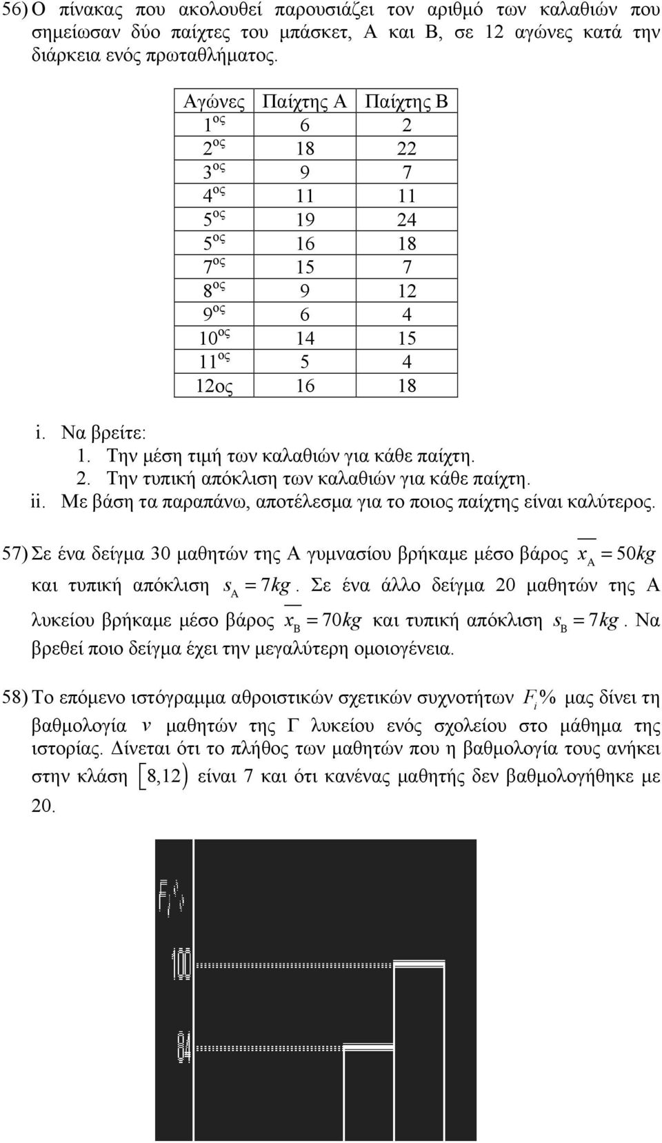 Την µέση τιµή των καλαθιών για κάθε παίχτη. 2. Την τυπική απόκλιση των καλαθιών για κάθε παίχτη. ii. Με βάση τα παραπάνω, αποτέλεσµα για το ποιος παίχτης είναι καλύτερος.