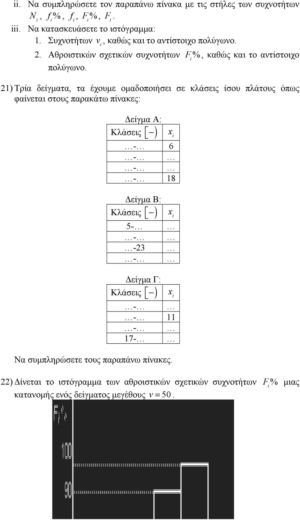 21) Τρία δείγµατα, τα έχουµε οµαδοποιήσει σε κλάσεις ίσου πλάτους όπως φαίνεται στους παρακάτω πίνακες: Δείγµα Α: Κλάσεις ) - 6 - - - 18 Δείγµα Β: