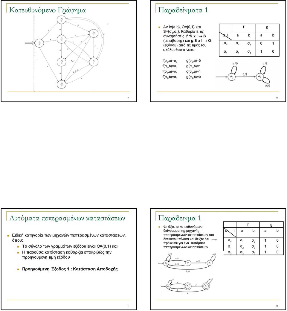 ο,a)= g(σ ο,b)= g(σ,a)= g(σ,b)= 9 Αυτόµατα πεπερασµένων καταστάσεων Ειδική κατηγορία των µηχανών πεπερασµένων καταστάσεων, όπου: Το σύνολο των γραµµάτων εξόδου είναι Ο={,} και Η παρούσα