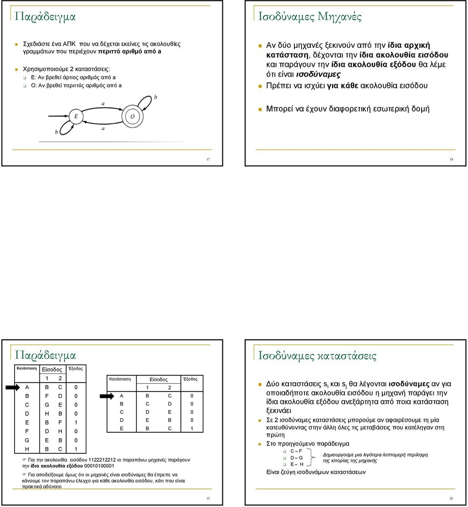 να ισχύει για κάθε ακολουθία εισόδου Μπορεί να έχουν διαφορετική εσωτερική δοµή 7 8 Παράδειγµα Κατάσταση A F G H Είσοδος F G H 2 F H Έξοδος Κατάσταση A Είσοδος 2 Έξοδος Για την ακολουθία εισόδου