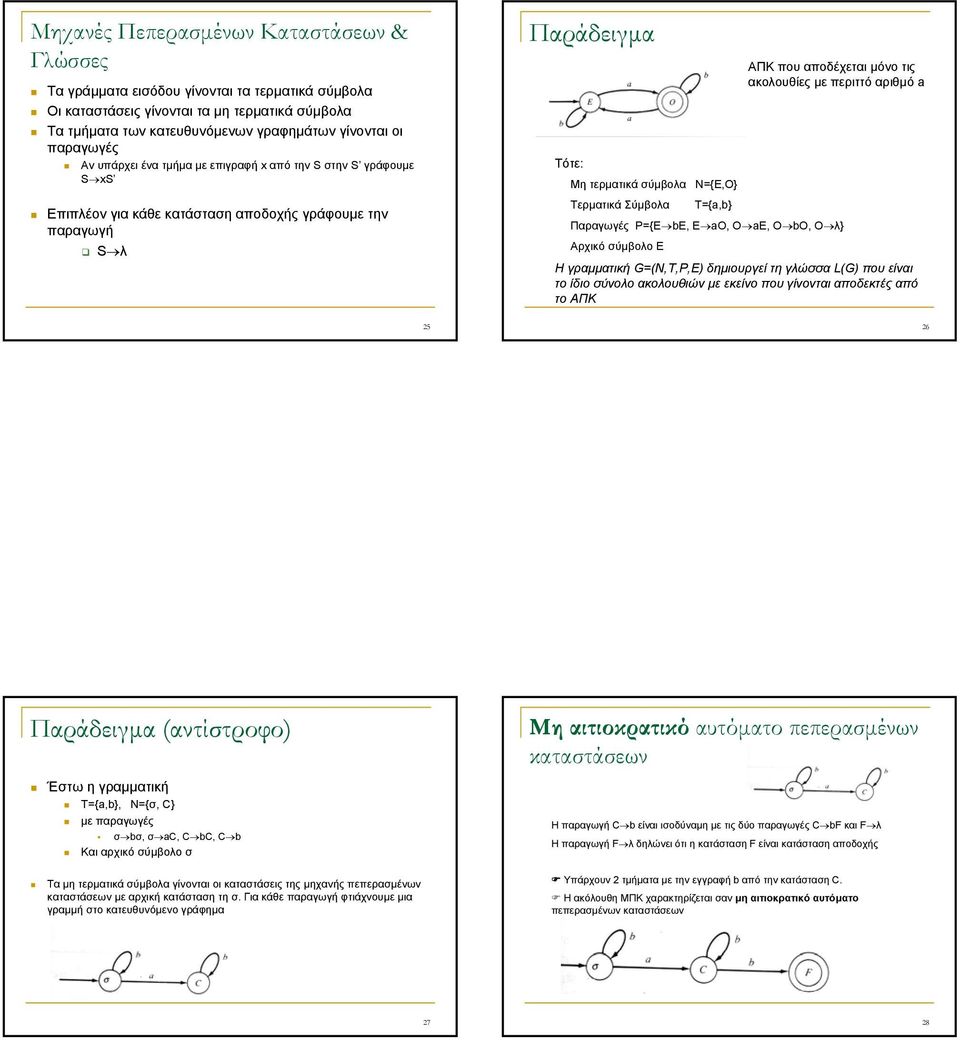 κατάσταση αποδοχής γράφουµε την παραγωγή S λ Τερµατικά Σύµβολα Τ={a,b} Παραγωγές P={ b, ao, O a, O bo, O λ} Αρχικό σύµβολο H γραµµατική G=(N,T,P,) δηµιουργεί τη γλώσσα L(G) που είναι το ίδιο σύνολο