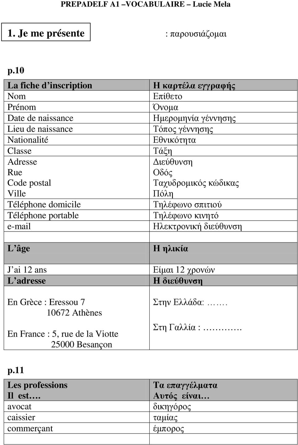 ai 12 ans L adresse En Grèce : Eressou 7 10672 Athènes En France : 5, rue de la Viotte 25000 Besançon p.11 Les professions Il est.