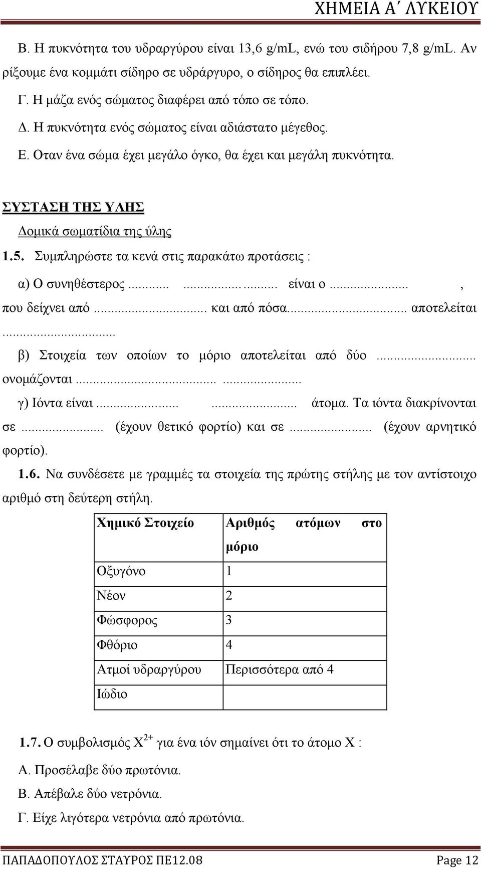 Συμπληρώστε τα κενά στις παρακάτω προτάσεις : α) Ο συνηθέστερος...... είναι ο..., που δείχνει από... και από πόσα... αποτελείται... β) Στοιχεία των οποίων το μόριο αποτελείται από δύο... ονομάζονται.