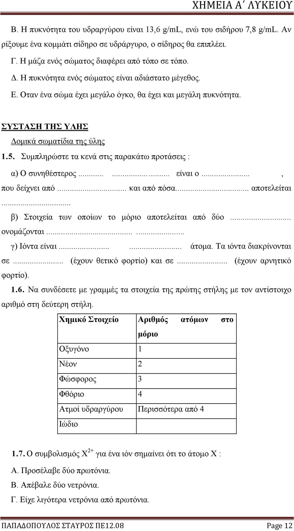 Συμπληρώστε τα κενά στις παρακάτω προτάσεις : α) Ο συνηθέστερος...... είναι ο..., που δείχνει από... και από πόσα... αποτελείται... β) Στοιχεία των οποίων το μόριο αποτελείται από δύο... ονομάζονται.