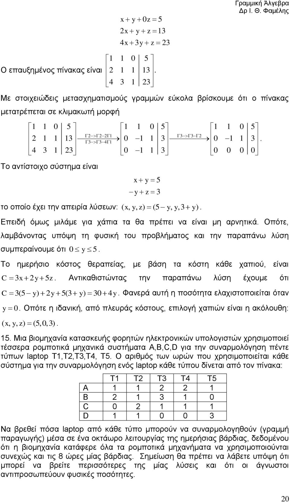 παραπάνω λύση συμπεραίνουμε ότι 0 y 5 Το ημερήσιο κόστος θεραπείας, με βάση τα κόστη κάθε χαπιού, είναι C y 5z Αντικαθιστώντας την παραπάνω λύση έχουμε ότι C (5 y) y 5( y) 0 4y Φανερά αυτή η ποσότητα