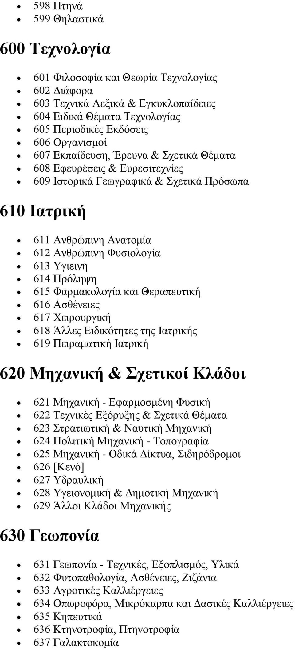 Φαρμακολογία και Θεραπευτική 616 Ασθένειες 617 Χειρουργική 618 Άλλες Ειδικότητες της Ιατρικής 619 Πειραματική Ιατρική 620 Μηχανική & Σχετικοί Κλάδοι 621 Μηχανική - Εφαρμοσμένη Φυσική 622 Τεχνικές