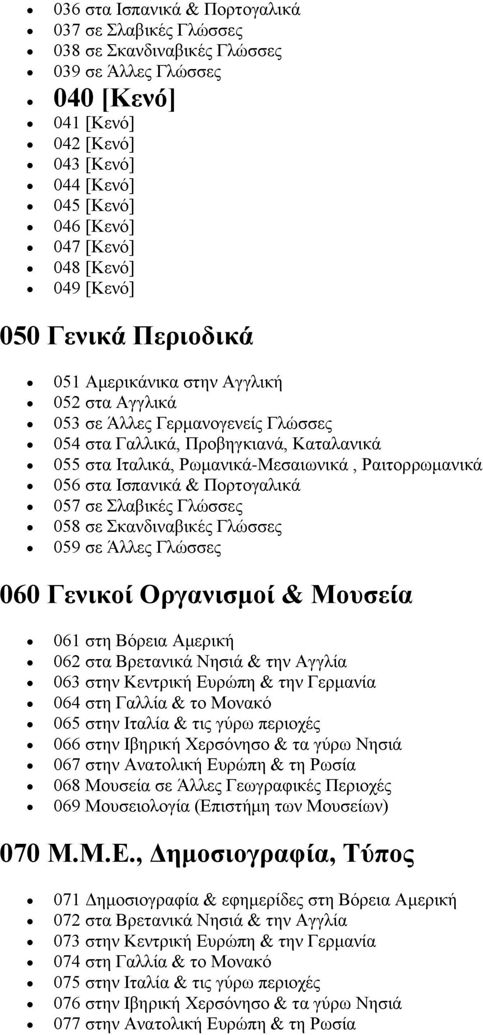 Ραιτορρωμανικά 056 στα Ισπανικά & Πορτογαλικά 057 σε Σλαβικές Γλώσσες 058 σε Σκανδιναβικές Γλώσσες 059 σε Άλλες Γλώσσες 060 Γενικοί Οργανισμοί & Μουσεία 061 στη Βόρεια Αμερική 062 στα Βρετανικά Νησιά