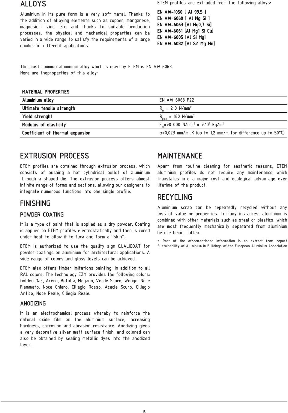 ETEM profiles are extruded from the following alloys: EN AW-1050 [ Al 99.