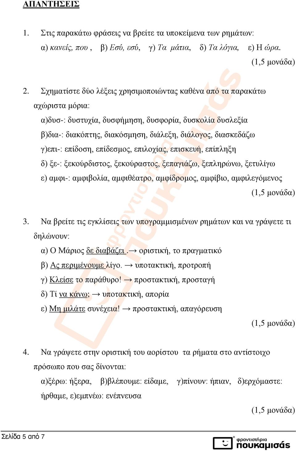 γ)επι-: επίδοση, επίδεσμος, επιλοχίας, επισκευή, επίπληξη δ) ξε-: ξεκούρδιστος, ξεκούραστος, ξεπαγιάζω, ξεπληρώνω, ξετυλίγω ε) αμφι-: αμφιβολία, αμφιθέατρο, αμφίδρομος, αμφίβιο, αμφιλεγόμενος 3.