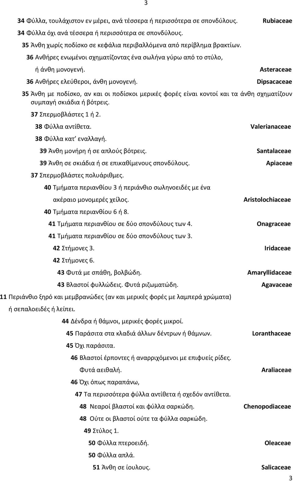 Dipsacaceae 35 Άνθη με ποδίσκο, αν και οι ποδίσκοι μερικές φορές είναι κοντοί και τα άνθη σχηματίζουν συμπαγή σκιάδια ή βότρεις. 37 Σπερμοβλάστες 1 ή 2. 38 Φύλλα αντίθετα.