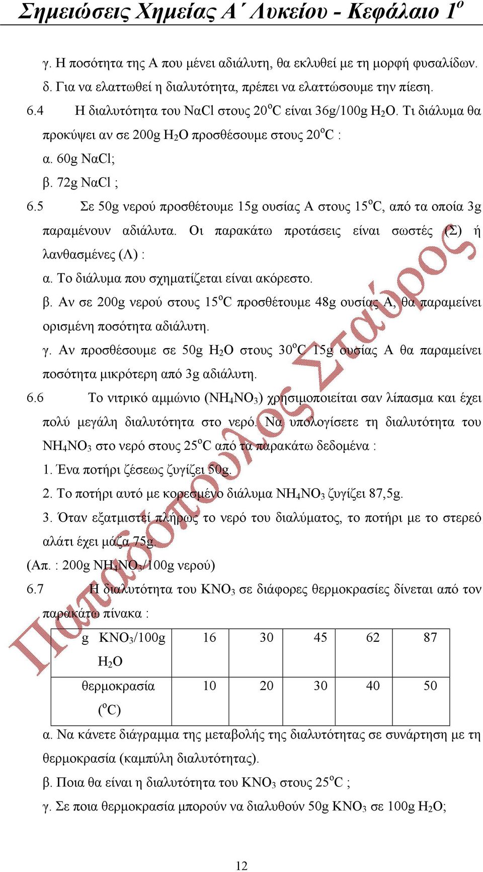 5 Σε 50g νερού προσθέτουμε 15g ουσίας Α στους 15 ο C, από τα οποία 3g παραμένουν αδιάλυτα. Οι παρακάτω προτάσεις είναι σωστές (Σ) ή λανθασμένες (Λ) : α. Το διάλυμα που σχηματίζεται είναι ακόρεστο. β.