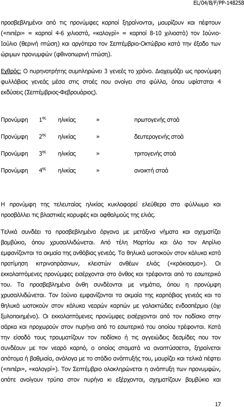 Διαχειμάζει ως προνύμφη φυλλόβιας γενεάς μέσα στις στοές που ανοίγει στα φύλλα, όπου υφίσταται 4 εκδύσεις (Σεπτέμβριος-Φεβρουάριος).