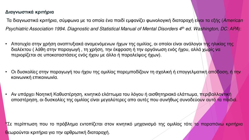 Washington, DC: APA): Αποτυχία στην χρήση αναπτυξιακά αναμενόμενων ήχων της ομιλίας, οι οποίοι είναι ανάλογοι της ηλικίας της διαλέκτου ( λάθη στην παραγωγή, τη χρήση, την έκφραση ή την οργάνωση ενός