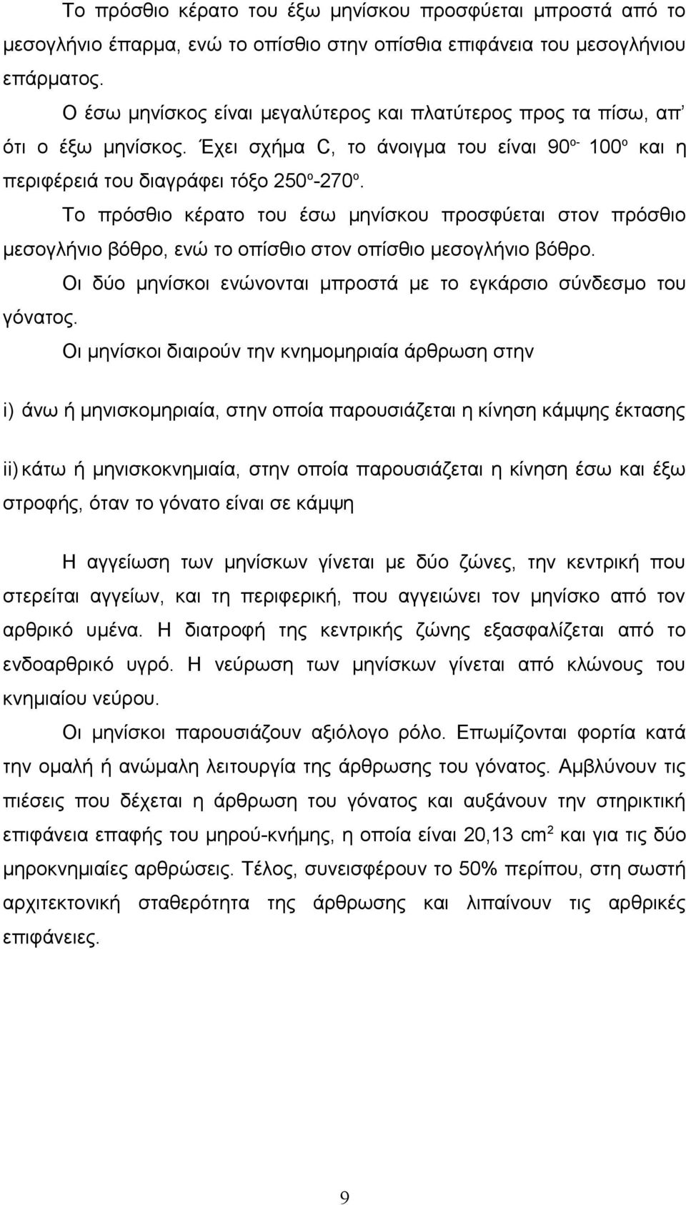 Το πρόσθιο κέρατο του έσω μηνίσκου προσφύεται στον πρόσθιο μεσογλήνιο βόθρο, ενώ το οπίσθιο στον οπίσθιο μεσογλήνιο βόθρο. Οι δύο μηνίσκοι ενώνονται μπροστά με το εγκάρσιο σύνδεσμο του γόνατος.