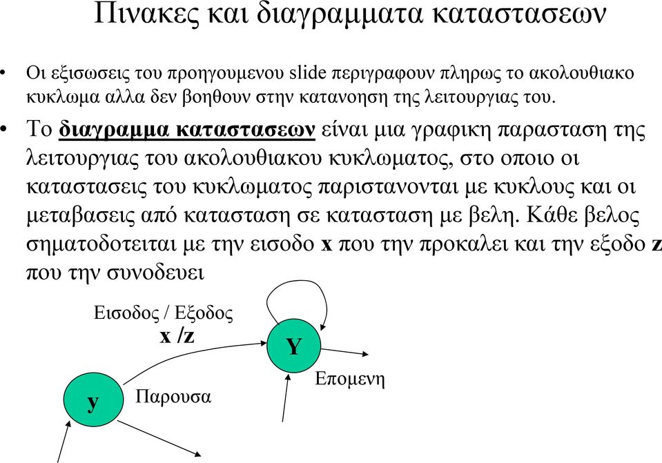 Το διαγραμμα καταστασεων είναι μια γραφικη παρασταση της λειτουργιας του ακολουθιακου κυκλωματος, στο οποιο οι καταστασεις του