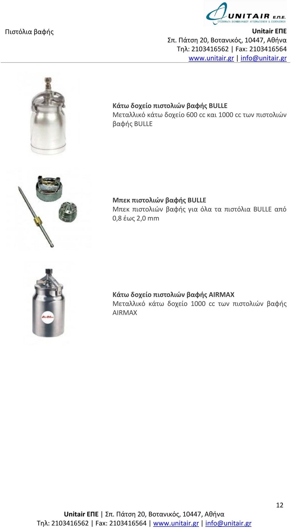 βαφής για όλα τα πιστόλια BULLE από 0,8 έως 2,0 mm Κάτω δοχείο