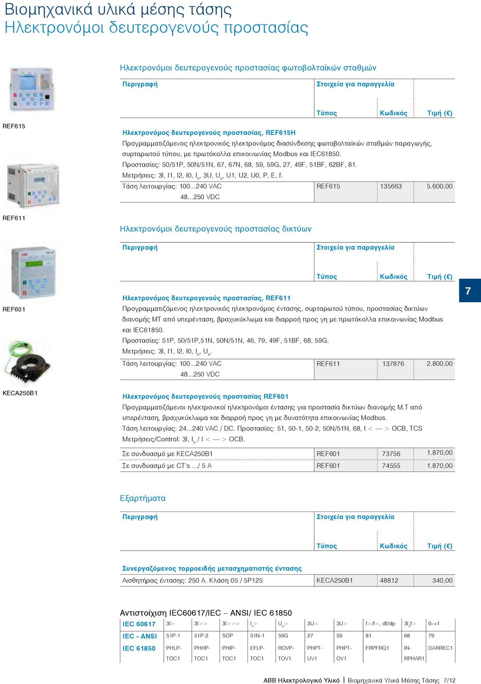 Μετρήσεις: 3I, I1, I2, I0, I o, 3U, U o, U1, U2, U0, P, E, f. Τάση λειτουργίας: 100...240 VAC REF615 135663 5.600,00 48.