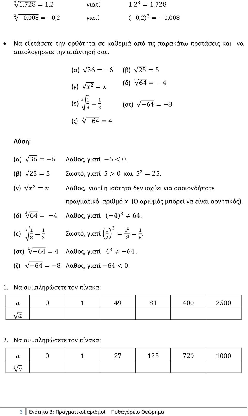 (β) Σωστό, γιατί και (γ) Λάθος, γιατί η ισότητα δεν ισχύει για οποιονδήποτε πραγματικό αριθμό (O αριθμός μπορεί να είναι