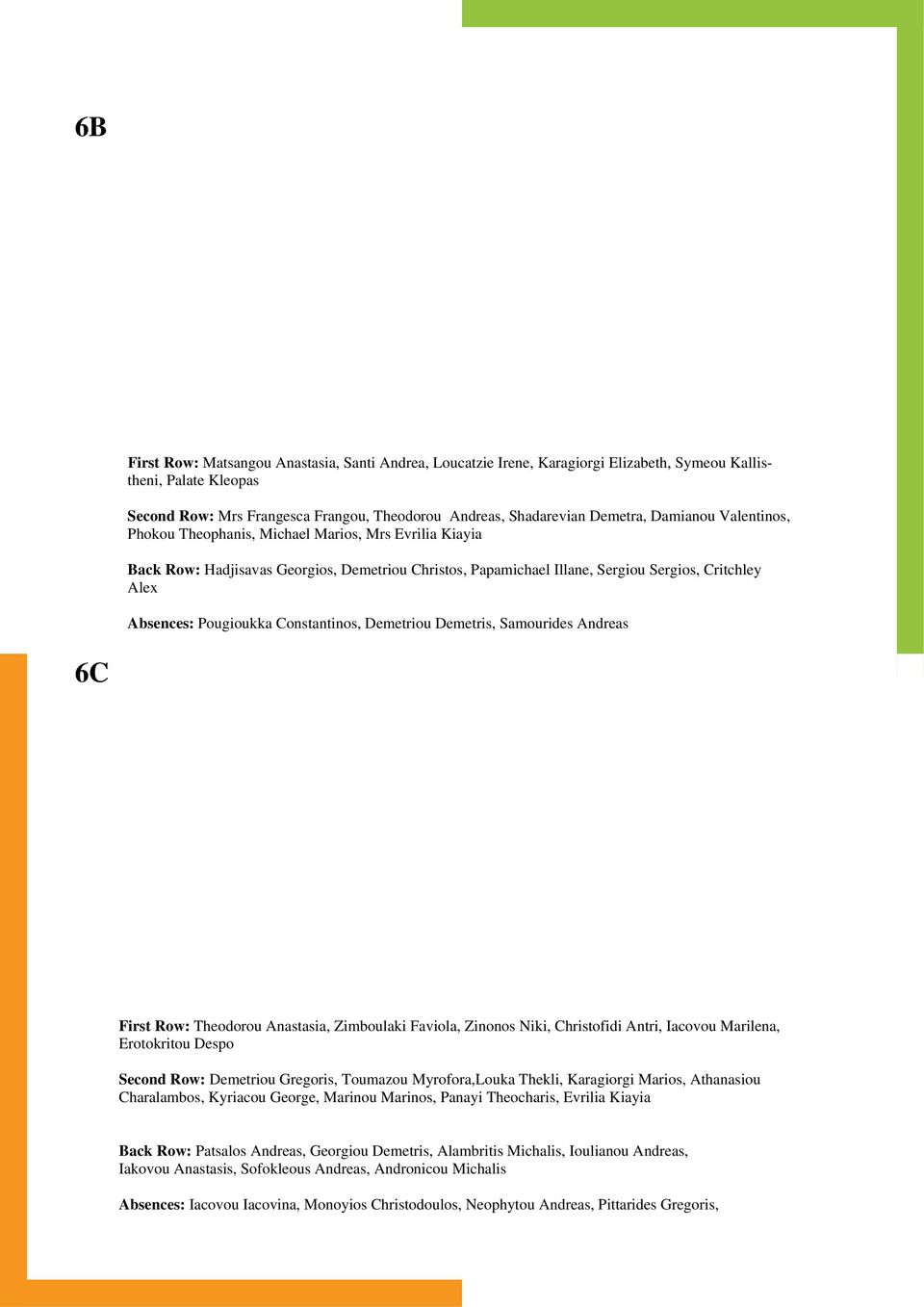 Constantinos, Demetriou Demetris, Samourides Andreas 6C First Row: Theodorou Anastasia, Zimboulaki Faviola, Zinonos Niki, Christofidi Antri, Iacovou Marilena, Erotokritou Despo Second Row: Demetriou