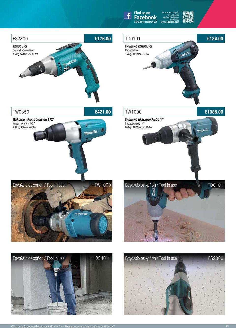 00 TW1000 1088.00 Παλμικό ηλεκτρόκλειδο 1/2 Impact wrench 1/2 2.9kg, 350Nm - 400w Παλμικό ηλεκτρόκλειδο 1 Impact wrench 1 8.