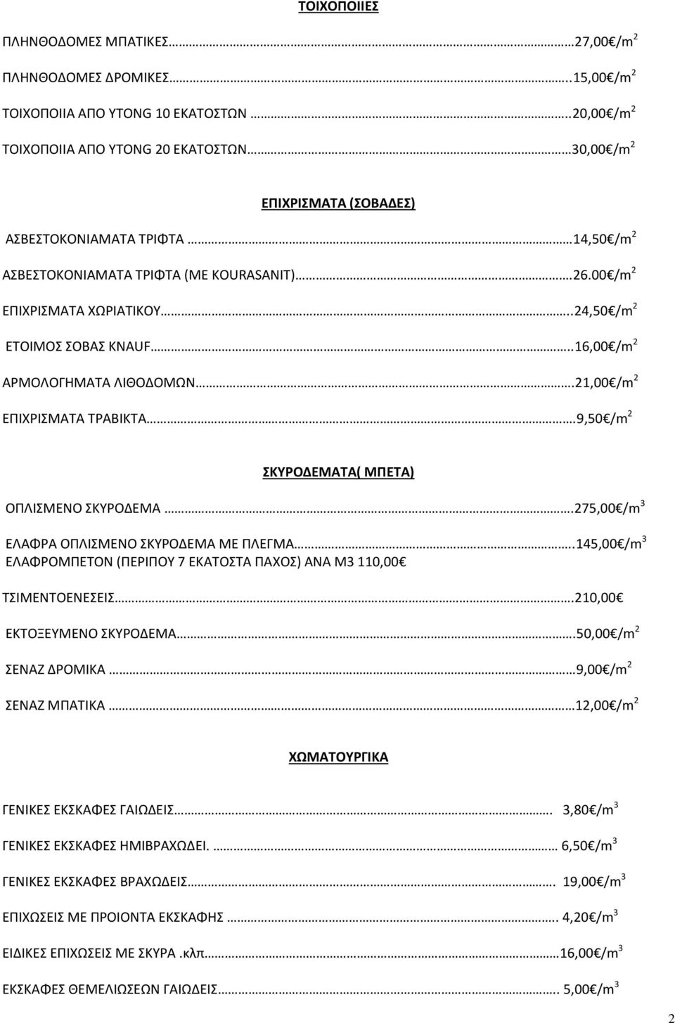 .24,50 /m 2 ΕΤΟΙΜΟΣ ΣΟΒΑΣ KNAUF..16,00 /m 2 ΑΡΜΟΛΟΓΗΜΑΤΑ ΛΙΘΟΔΟΜΩΝ.21,00 /m 2 ΕΠΙΧΡΙΣΜΑΤΑ ΤΡΑΒΙΚΤΑ.9,50 /m 2 ΣΚΥΡΟΔΕΜΑΤΑ( ΜΠΕΤΑ) ΟΠΛΙΣΜΕΝΟ ΣΚΥΡΟΔΕΜΑ.275,00 /m 3 ΕΛΑΦΡΑ ΟΠΛΙΣΜΕΝΟ ΣΚΥΡΟΔΕΜΑ ΜΕ ΠΛΕΓΜΑ.