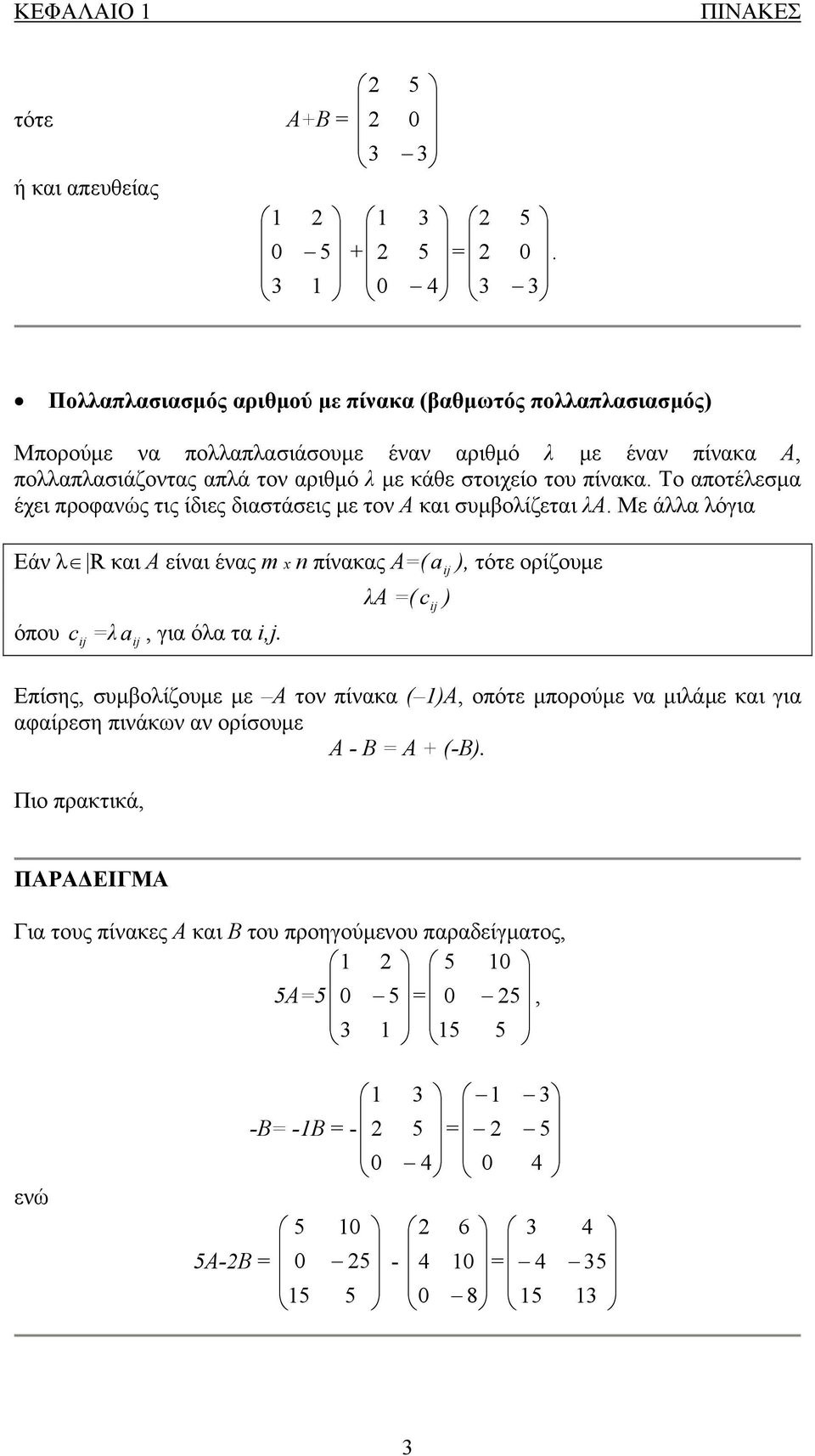 λ με κάθε στοιχείο του πίνακα. Το αποτέλεσμα έχει προφανώς τις ίδιες διαστάσεις με τον Α και συμβολίζεται λα.