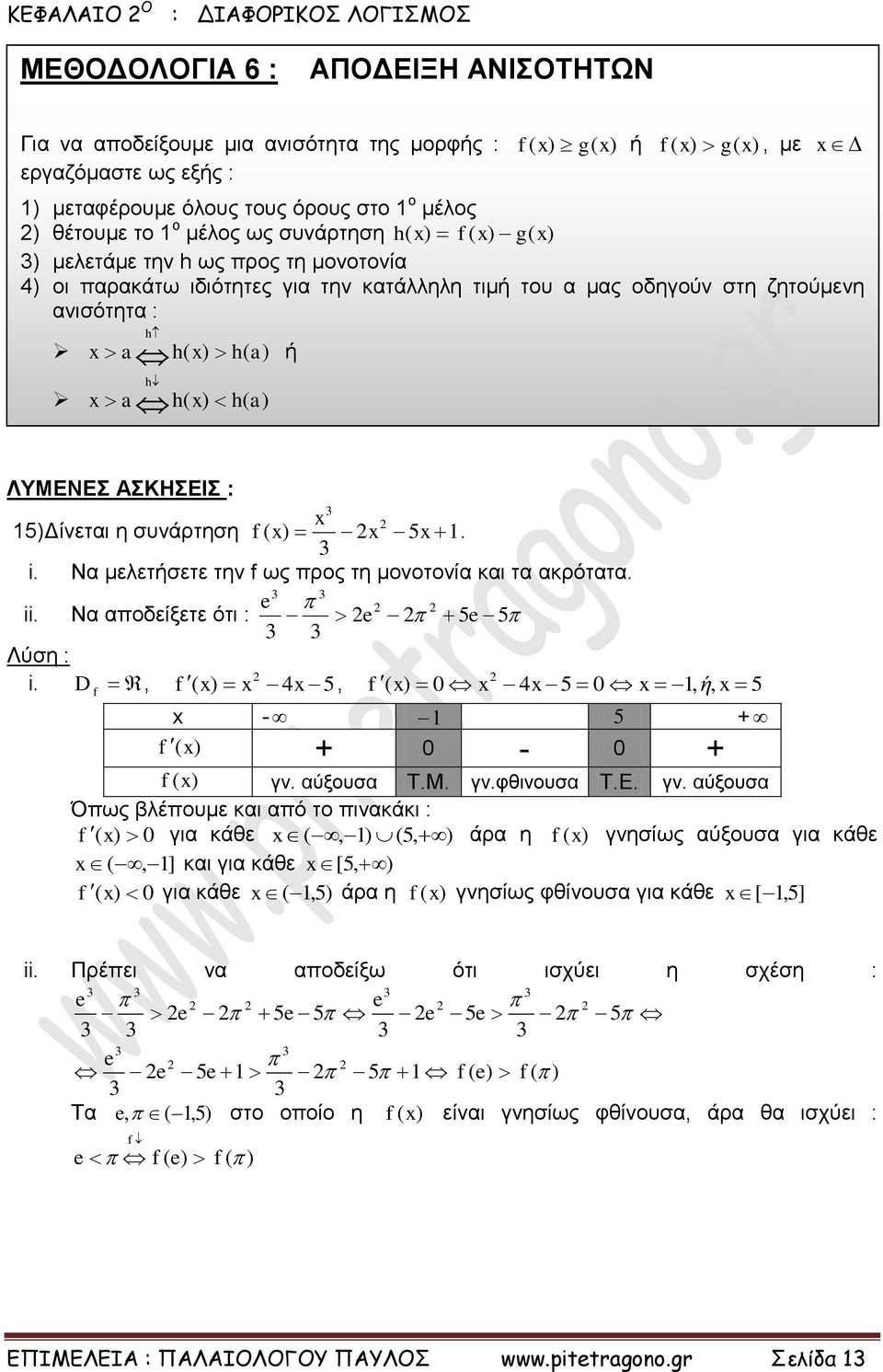 προς τη μονοτονία και τα ακρότατα ii Να αποδείξετε ότι : 5 5 i D, 4 5, 4 5, ή, 5-5 + + - + γν αύξουσα ΤΜ γνφθινουσα ΤΕ γν αύξουσα Όπως βλέπουμε και από το πινακάκι : για κάθε, 5, άρα η γνησίως