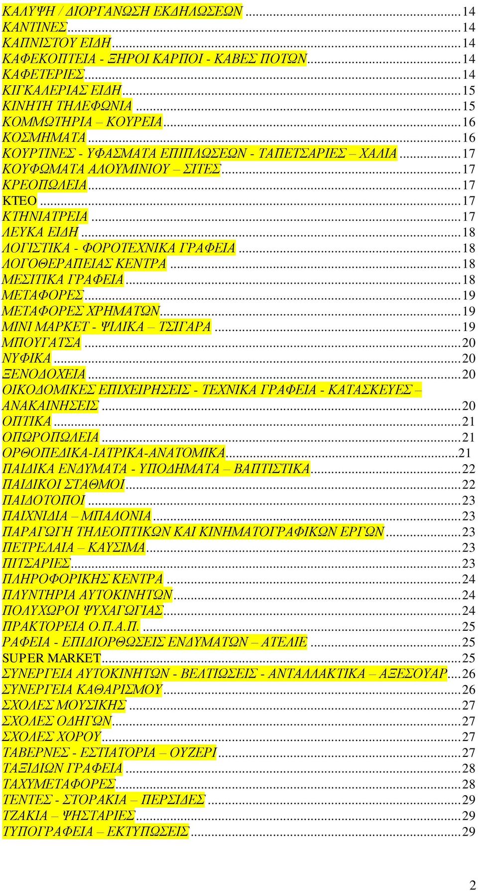 .. 18 ΛΟΓΙΣΤΙΚΑ - ΦΟΡΟΤΕΧΝΙΚΑ ΓΡΑΦΕΙΑ... 18 ΛΟΓΟΘΕΡΑΠΕΙΑΣ ΚΕΝΤΡΑ... 18 ΜΕΣΙΤΙΚΑ ΓΡΑΦΕΙΑ... 18 ΜΕΤΑΦΟΡΕΣ... 19 ΜΕΤΑΦΟΡΕΣ ΧΡΗΜΑΤΩΝ... 19 ΜΙΝΙ ΜΑΡΚΕΤ - ΨΙΛΙΚΑ ΤΣΙΓΑΡΑ... 19 ΜΠΟΥΓΑΤΣΑ... 20 ΝΥΦΙΚΑ.