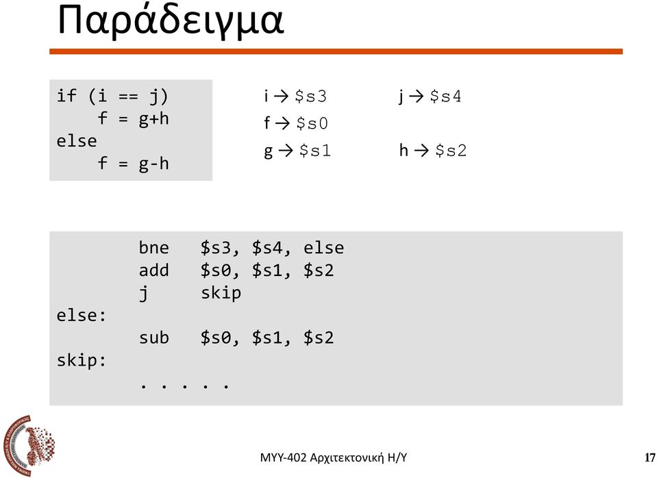 bne $s3, $s4, else add $s0, $s1, $s2 j